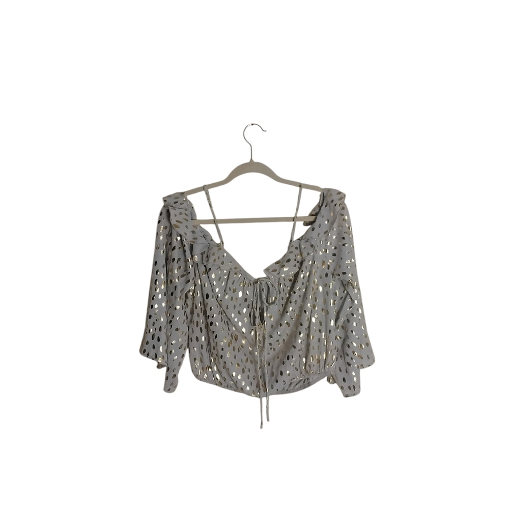 Peach Love California Women's L Bue Gold Metallic Ruffle Cropped Bell Sleeve Top
